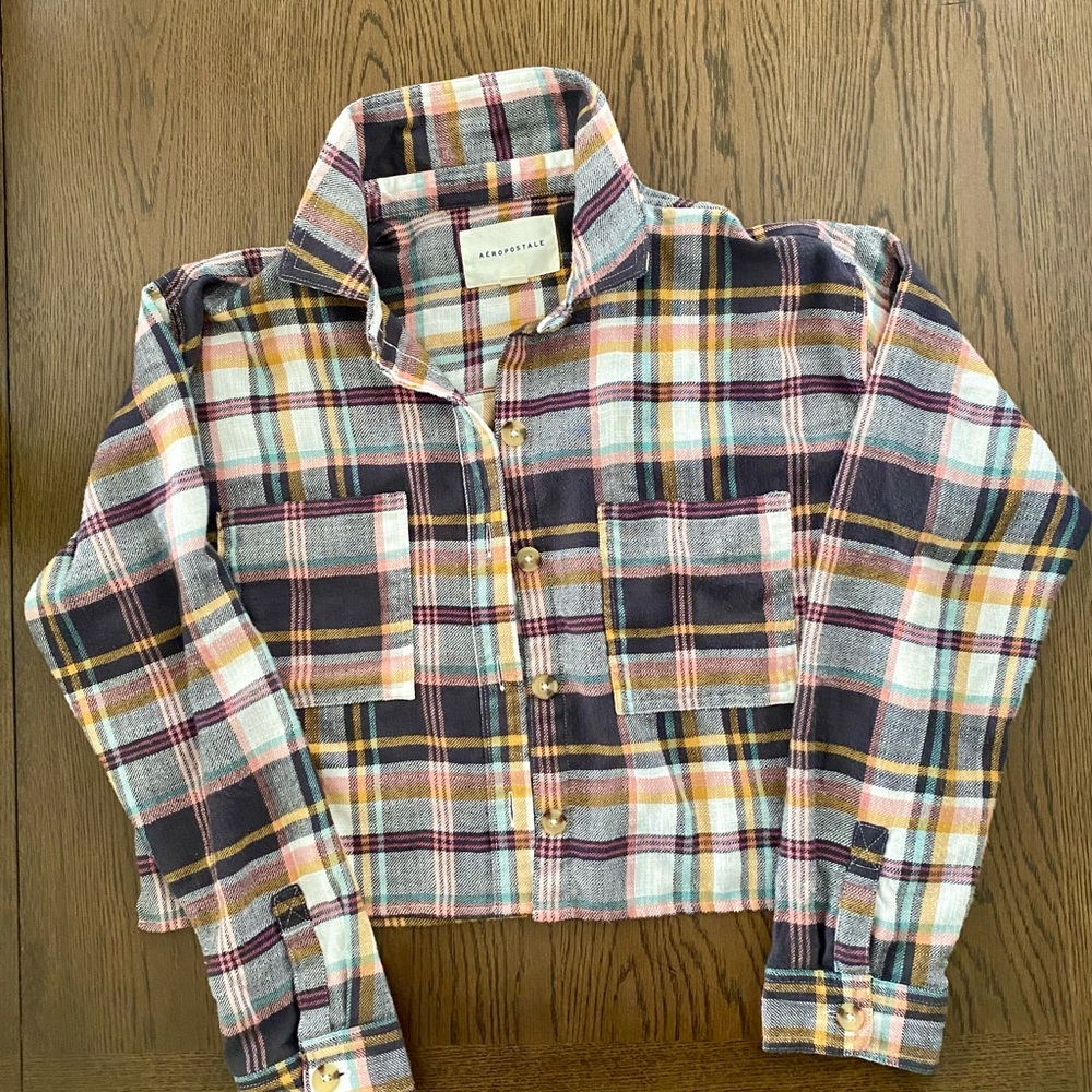 Aeropostale Kids Plaid Button Down Shirt - Blue, Yellow, Pink